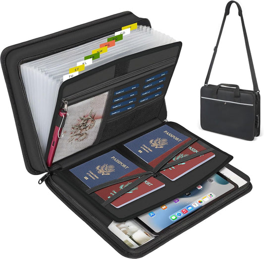 Accordion File Organizer with Lock and Shoulder Straps,Fireproof Waterproof Document Organizer Folder with Handle, Portable Large Capacity File Holder for Home Office School
