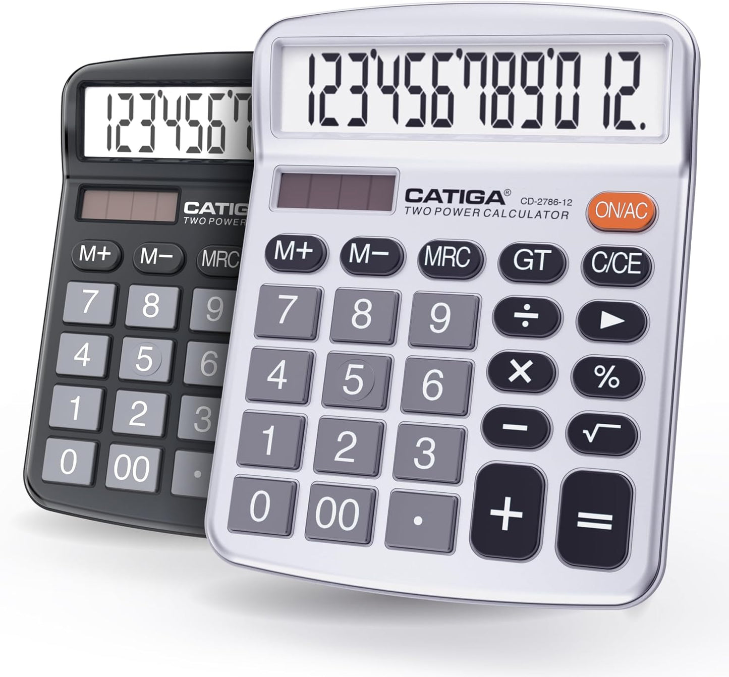 CATIGA Desktop Calculator (2 Pack) 12 Digit with Large LCD Display and Sensitive Button, Solar and Battery Dual Power, Standard Function for Office, Home, School, CD-2786 (Black/Silver)