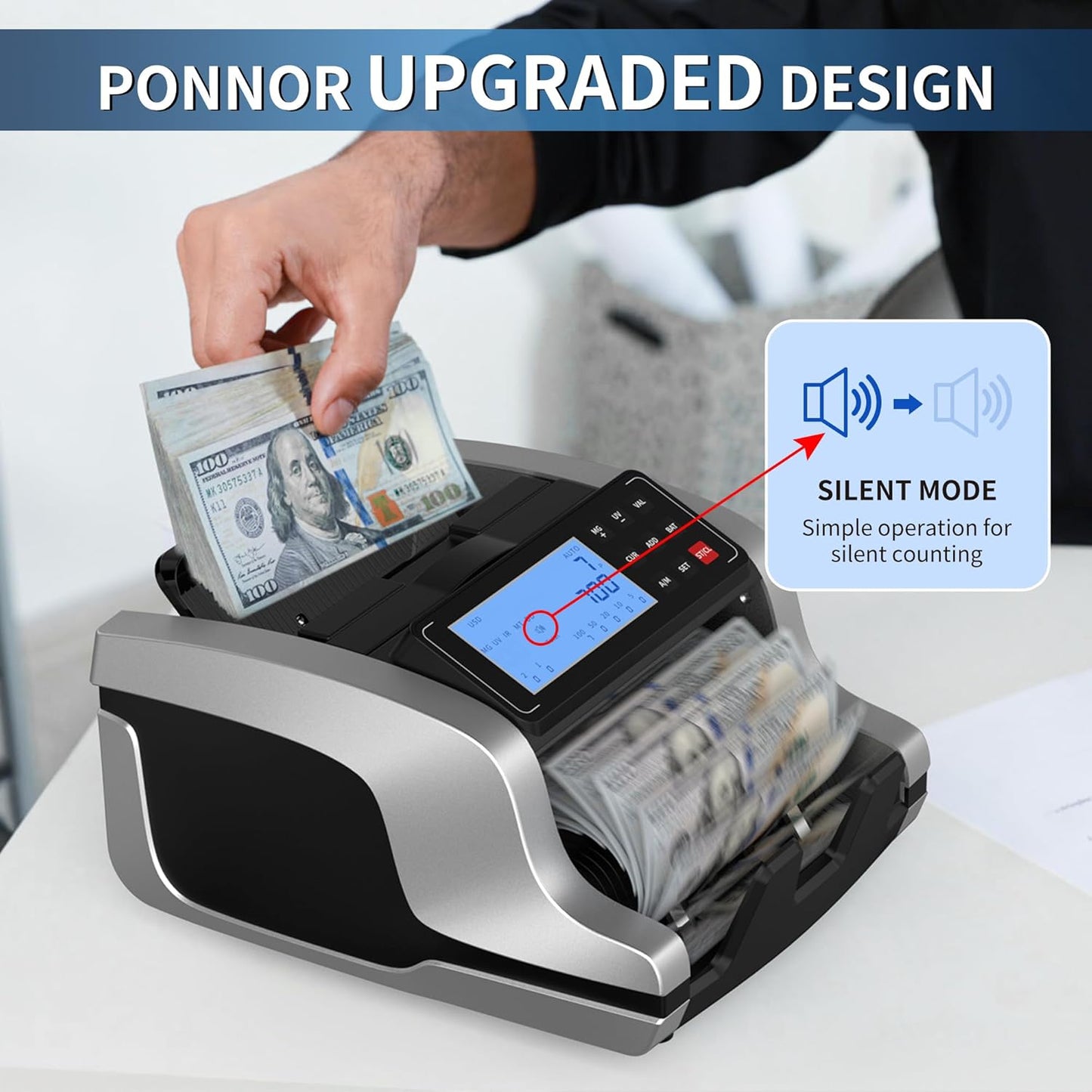 PONNOR Money Counter Machine with Value Count, UV/MG/IR/MT/DD Counterfeit Bill Detection, Dollar Euro Cash Counter with Count/Add/Batch/Auto Modes, External LCD Display