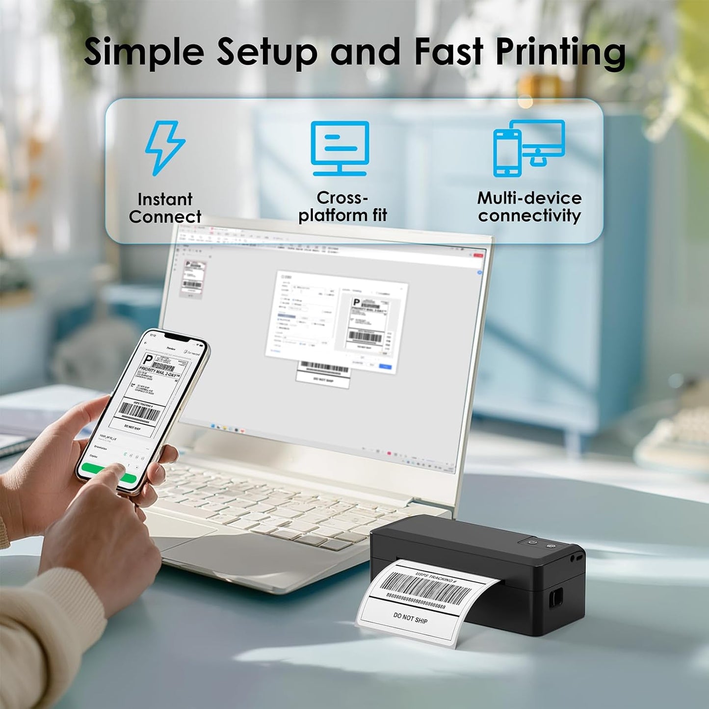 Shipping Thermal Label Printer, 4x6 Portable Label Printer, Bluetooth Label Maker for Small Business, Support iPhone,Android,Windows,Mac,Chromebook,Works with USPS, Ebay,Shopify&More, Black