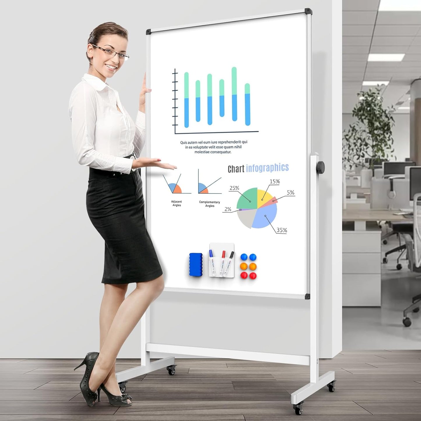Rolling Whiteboard, Double Sided Magnetic Dry Erase Board Height Adjustable Whiteboard with Stand for Home Office Classroom (48" x 32")