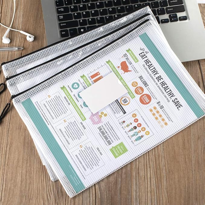 Sooez 20 Pack Mesh Zipper Pouch with Label Pocket, Plastic Zip File Folders, Letter Size A4 Zipper Document Bag for Teacher School Office Supplies, Classroom Organization, Board Game Storage,Black