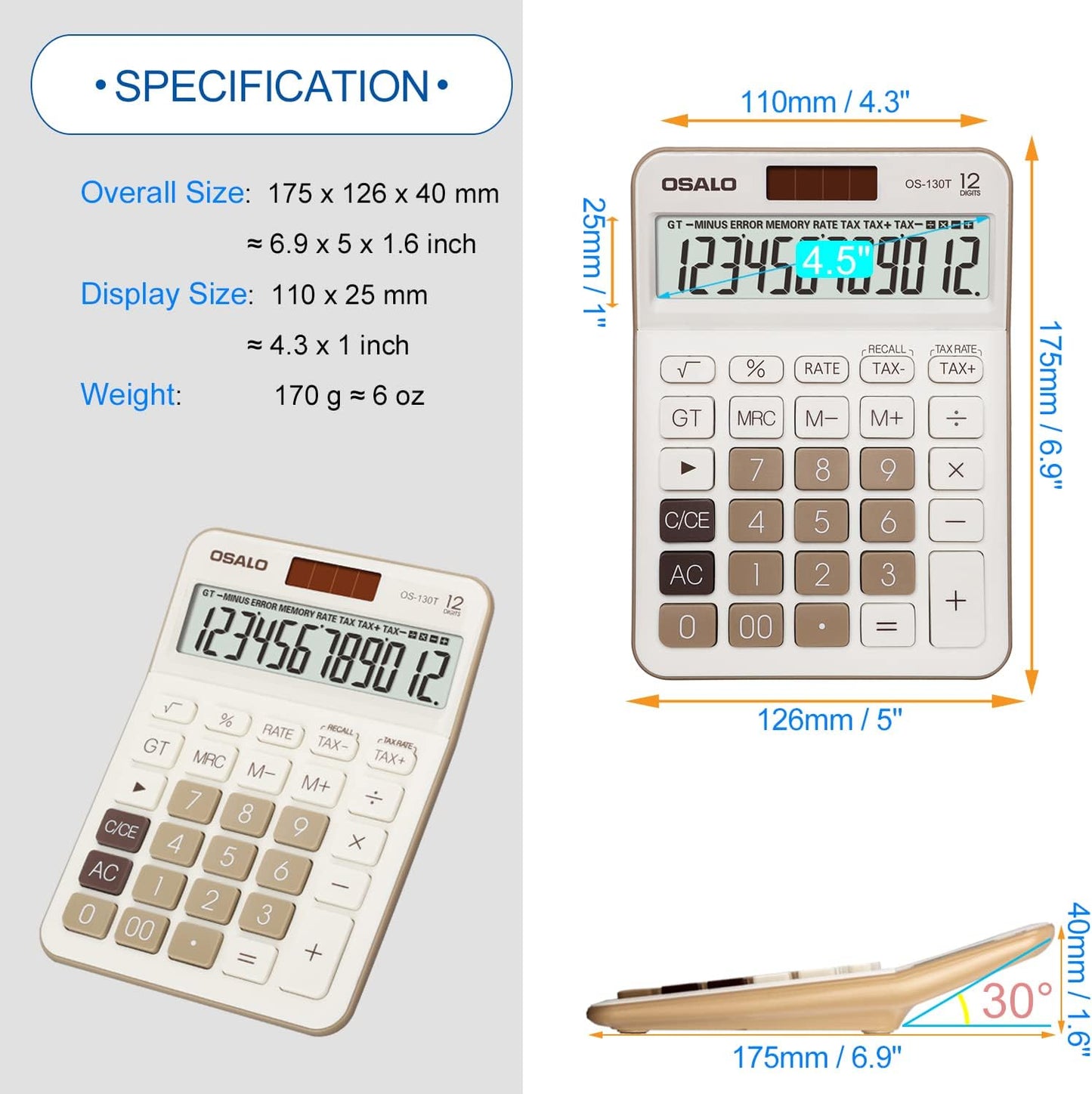 Pendancy 12 Digit Office Calculator Desktop with Tax+/- for Advanced Tax Calculation, Large LCD Display Big Buttons, Dual Power Durable Portable Design, for Financial Accounting Business Use