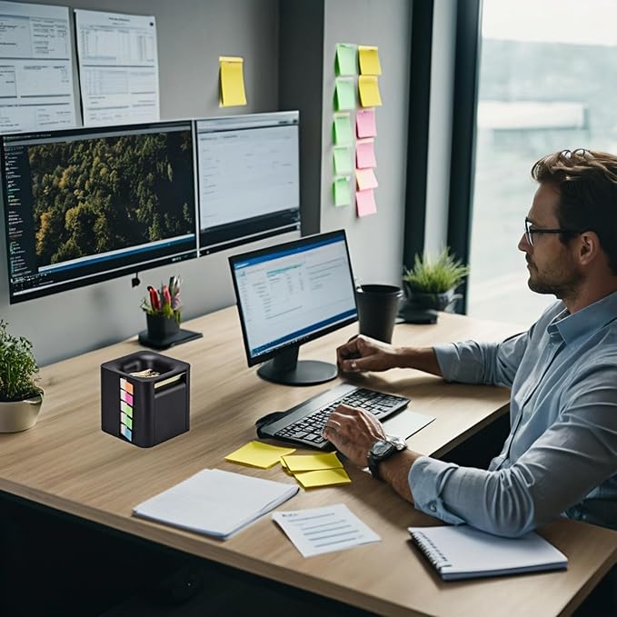 5-in-1 Sticky Note Holder for Desk - Pop Up Sticky Note Dispenser with Pop Up Post Its, Sticky Note Holder & Storage, Magnetic Absorber Case for On-The-Go Organization (Black)