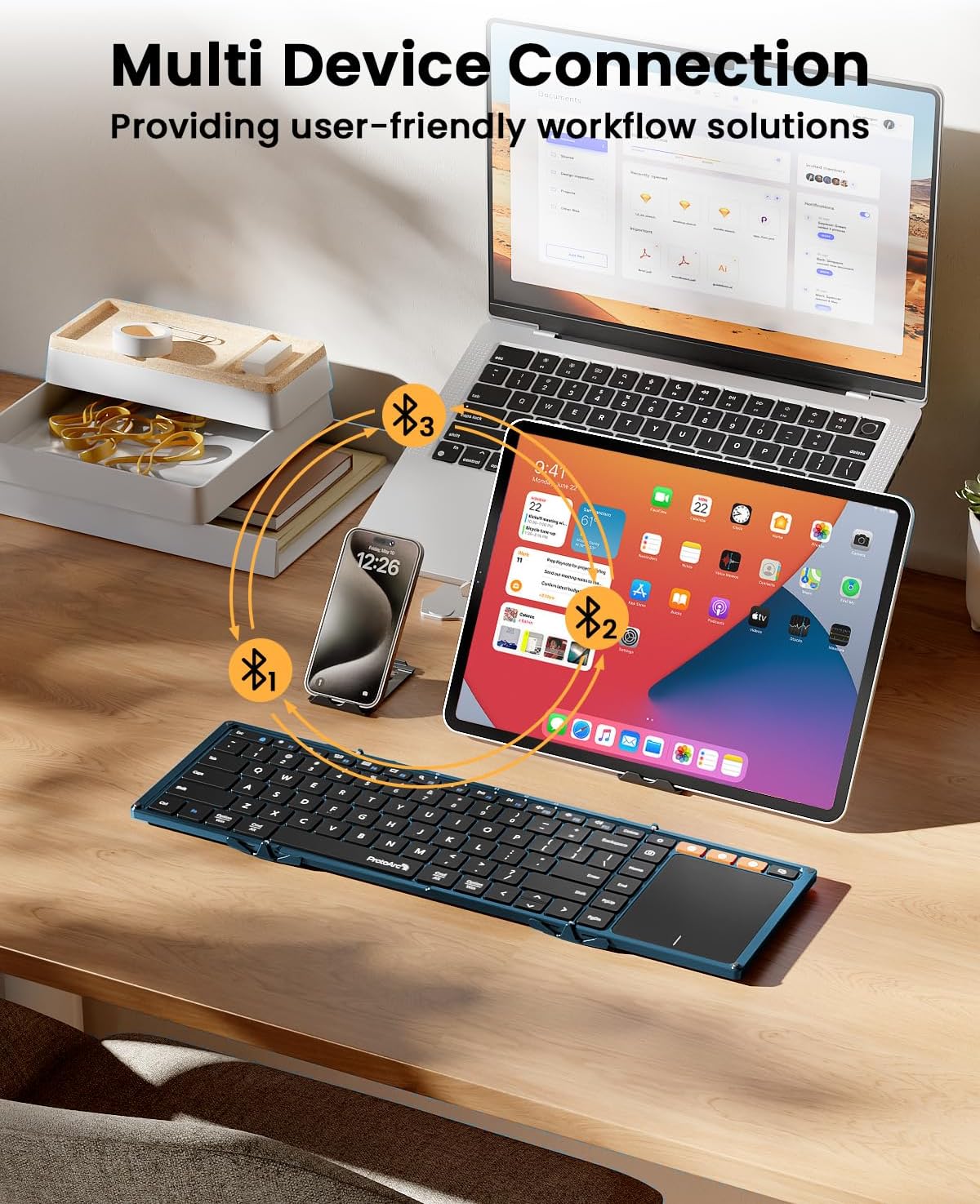ProtoArc Foldable Keyboard with Touchpad, XK01 TP Folding Portable Keyboard, Full Size Keys, Large Trackpad Bluetooth Travel Keyboards for iPad Laptop PC Tablets - Blue