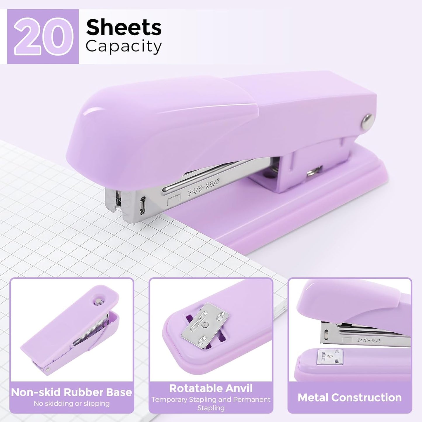 SKYDUE Purple Desk Accessories, Purple Office Supplies Set, Stapler, Tape Dispenser, Scissors, Binder/Paper Clips and 1000pcs Staples,Office Supplies for Women
