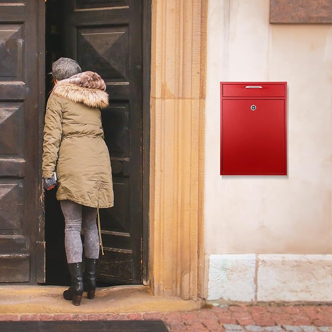 Locking Mailbox with Key for Outdoor 16.2 x 11.2 x 4.7 Inches Large Wall Mount Mail Box with Lock Security Mail Drop Metal Collection Boxes Hanging Secure Postbox(Red)