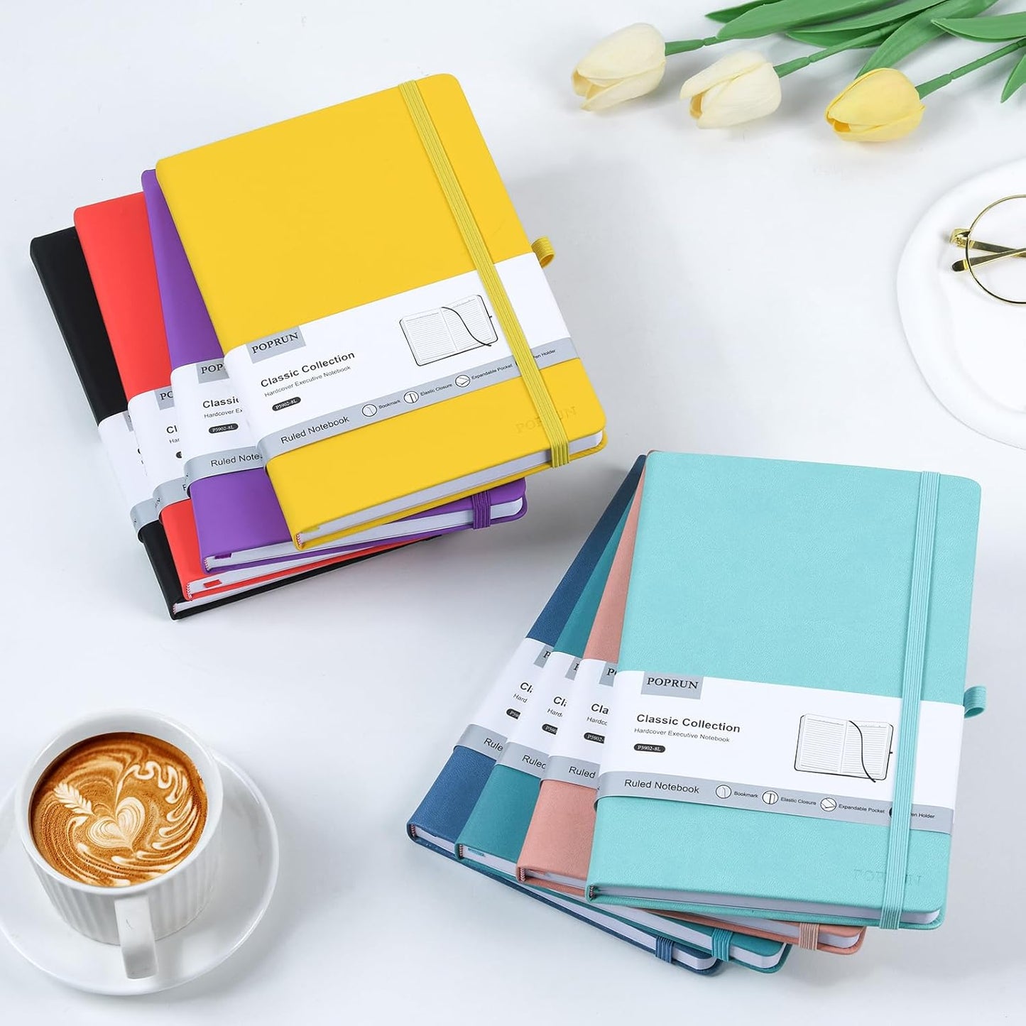 POPRUN A5 Lined Journal Notebooks, Leather Hardcover Thick Notebook for Writing, Business Work, Travel, School, College, Christmas, 5.5 x 8.3 inch, 240 Pages Classic Ruled Journals Notepad, Black