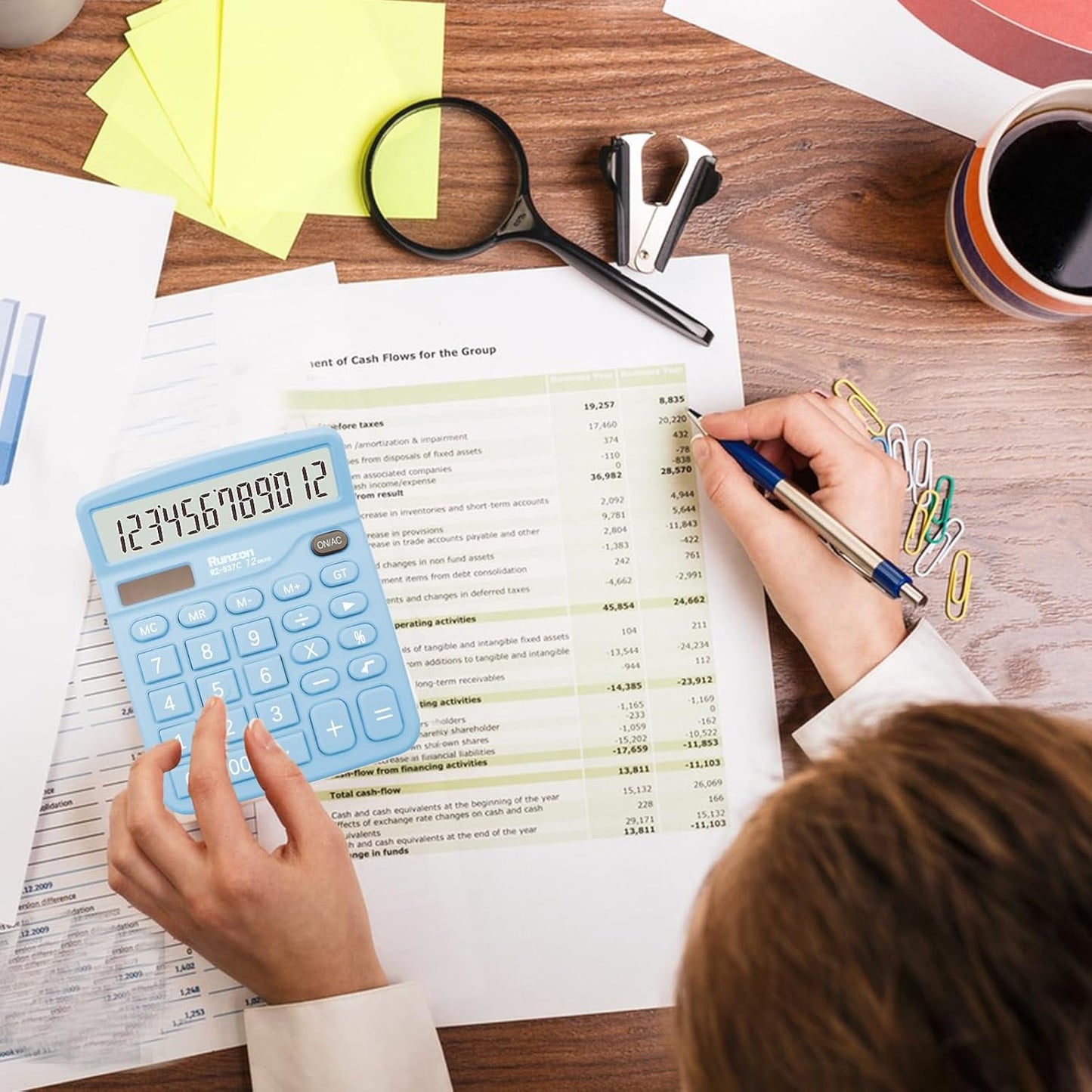 Blue Office Calculator - 12 Digit Desktop LCD Display with Sensitive Buttons