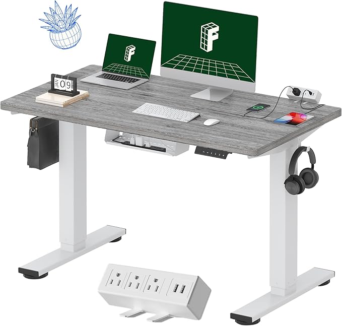 FLEXISPOT EN2 Whole-Piece Standing Desk with Clamp Power Strip, 48 x 24 Electric Stand Up Height Adjustable Desk with Cable Management (White Frame + 48" Gray Wood Grain Desktop, 2 Packages)