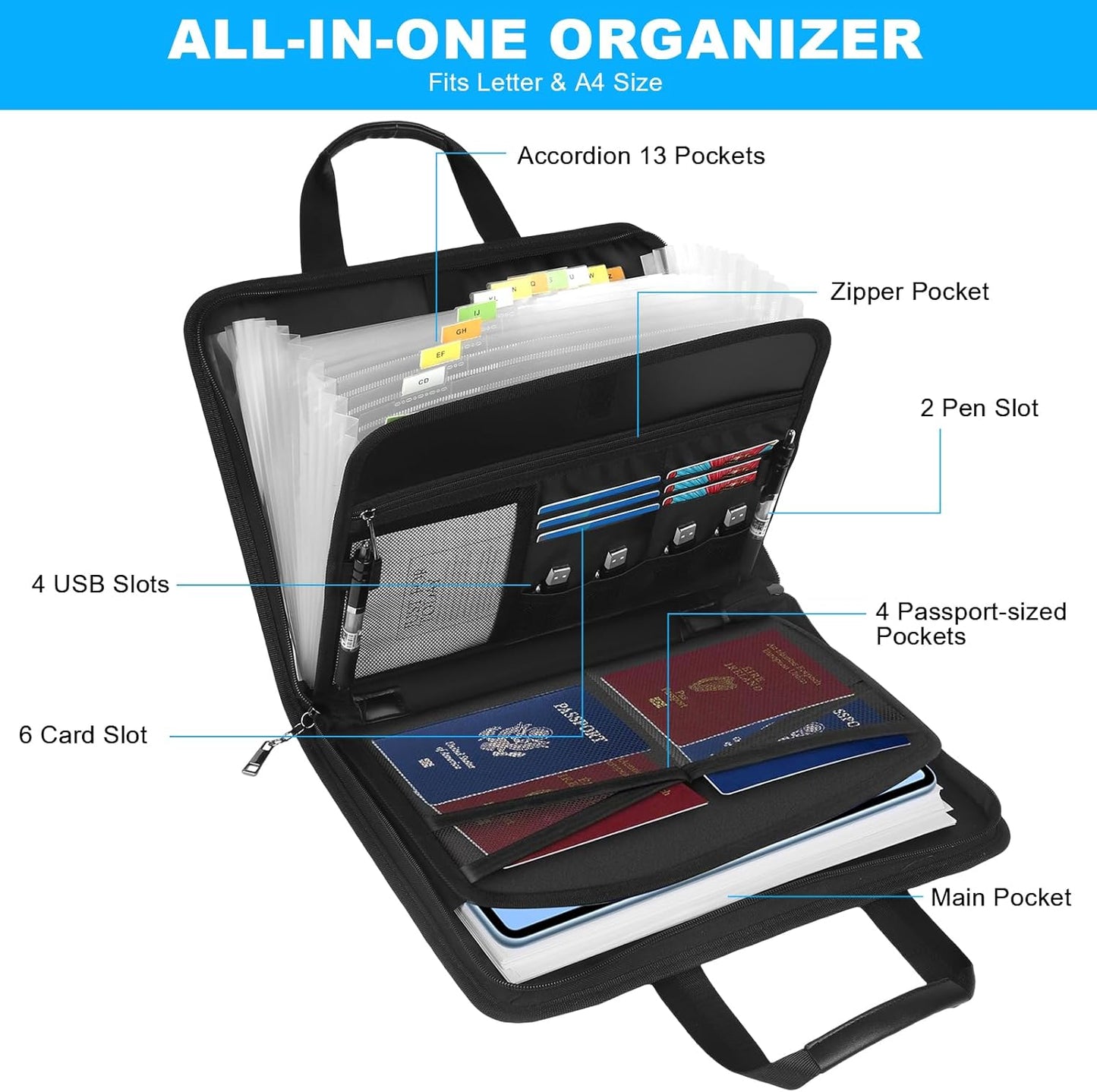 Accordion File Folder Organizer with Lock, 13 Pockets Fireproof Document Organizer with Handle & Zipper, Expanding File Folder with Tabs Document Holder for Letter A4 Files and More