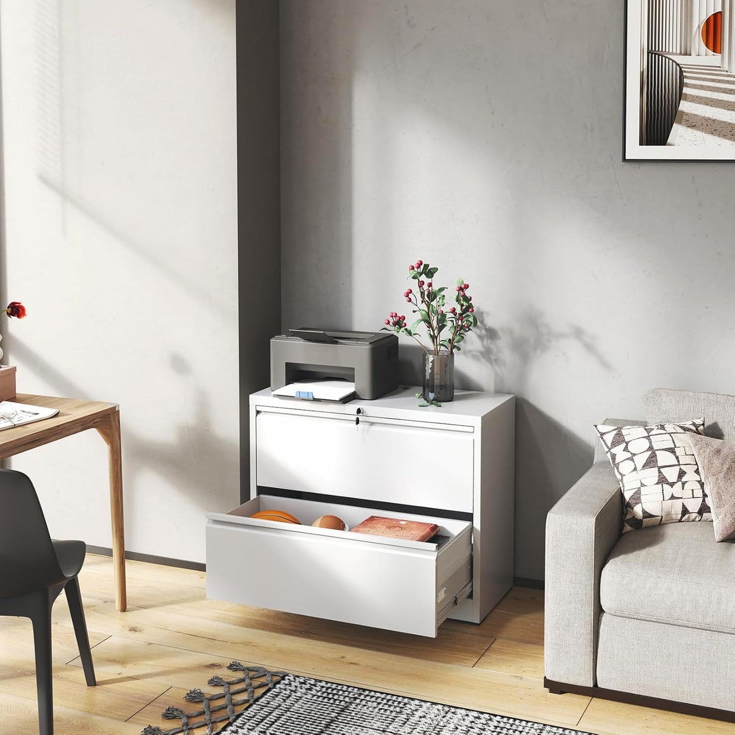 2 Drawer Lateral File Cabinet with Lock, Metal Lateral Filing Cabinet for Home Office, Steel Wide Horizontal Filing Cabinets for Letter/Legal/A4/F4 Hanging Files (White)
