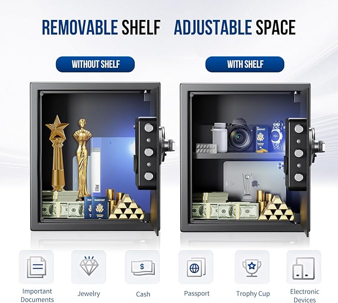 BlackSmith Biometric Safe Box 1.5 Cub Home Security Safe Fingerprint Recognition Money Safe with Keys Keypad Lock Box Secure Jewelry Valuables with Dual Alarm System Fireproof Bag