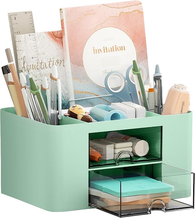 Marbrasse Pen Organizer with 2 Drawer, Multi-Functional Pencil Holder for Desk, Desk Organizers and Accessories with 5 Compartments + Drawer for Office Art Supplies (Green)