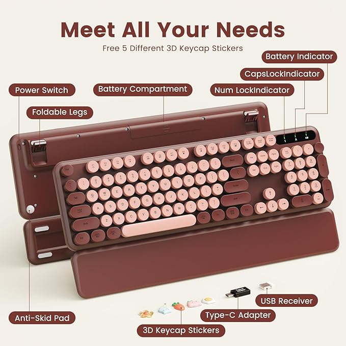 SABLUTE Wireless Keyboard, Round Keycaps, Retro Typewriter Keyboard with Detachable Wrist Rest, Sleep Mode, Foldable Legs, 2.4GHz Full-Size Cordless Computer Keyboard for Windows/PC/Laptop (Wine Red)