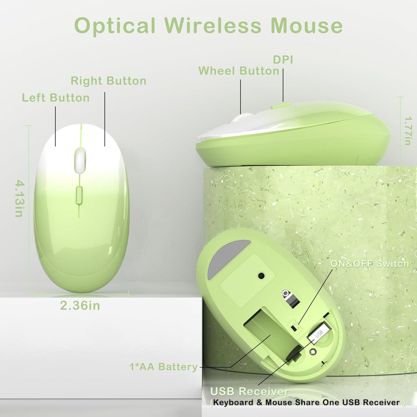 Colorful Wireless Keyboard and Mouse Combo, COVEVA 2.4GHz Wireless Retro Cute Round Keycaps Keyboard, 104 Keys Full-Sized Keyboard Mouse Set with Switch Button for PC Laptop Desktop (Green Gradient)