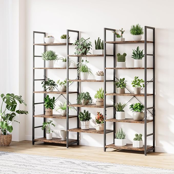 OTK Triple Wide 5 Tier Bookshelf, Rustic Industrial Style Bookcases with 14 Open Display Shelves, Wide Bookshelves for Bedroom, Living Room and Home Office, Rustic Brown