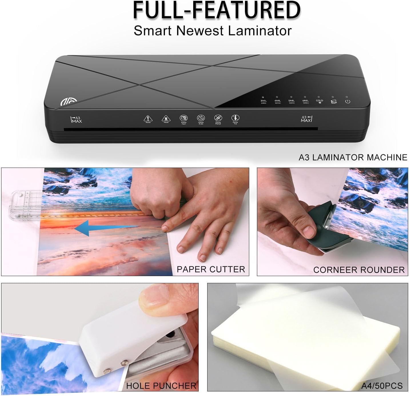 Crenova Laminator Machine 13 inch, Laminating Machine with 50 Laminating Sheets 60s Quick Warm Up Auto-Off, 6 in1 Lamination Machine ABS Jam Free for Home Office School, Black