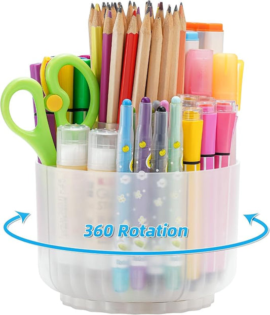 Marbrasse Desk Organizer, 360-Degree Rotating Pen Pencil Holder for Desk, Desk Organizers and Accessories with 5 Compartments Pencil Organizer, Art Supply Storage Box Caddy (Translucent)