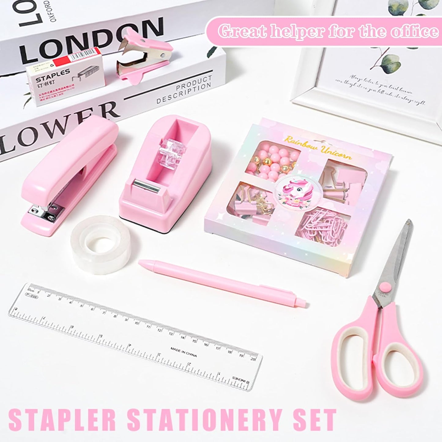 Pink Desk Accessories with Pen Holder, Pink Office Supplies Desk Organizers and Accessories for women, Tape Dispenser, Stapler, Staple Remover, Staples, Clips Set, Ruler, Scissor, Pen, Tape