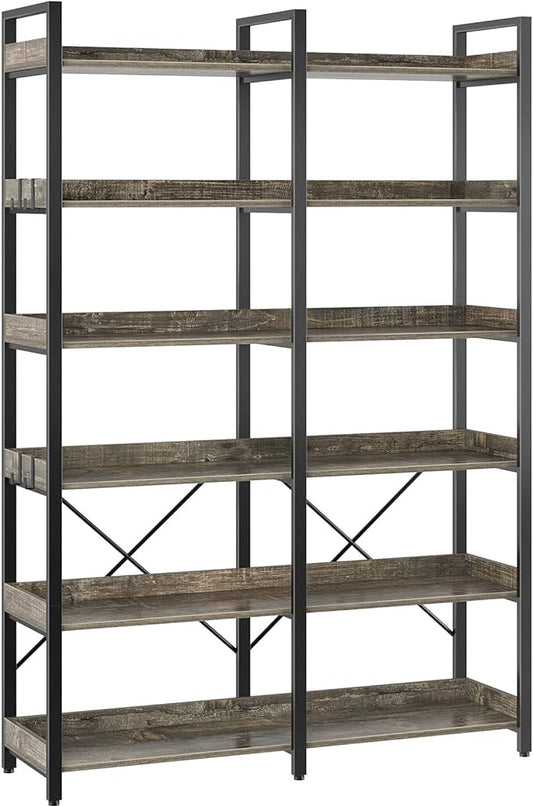 Seventable Bookshelf 6 Tier with 4 Hooks,67”Industrial Wooden Bookcase, Vintage Storage Rack with Open Shelves, Rustic Standing Bookshelves Metal Frame 43.3” Wide Display Rack, Gray