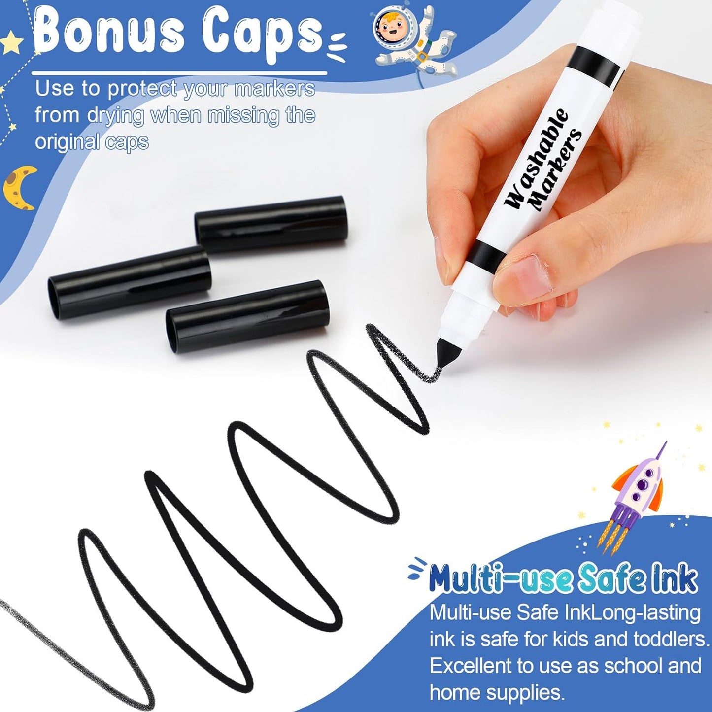 Janlaugh 60 Pcs Black Washable Markers Bulk Coloring Broad Line Markers for Kids Conical Tip Black Drawing Pens for Classroom Back to School Travel Art Baby Shower Gender Reveal Supplies, Ages 6+