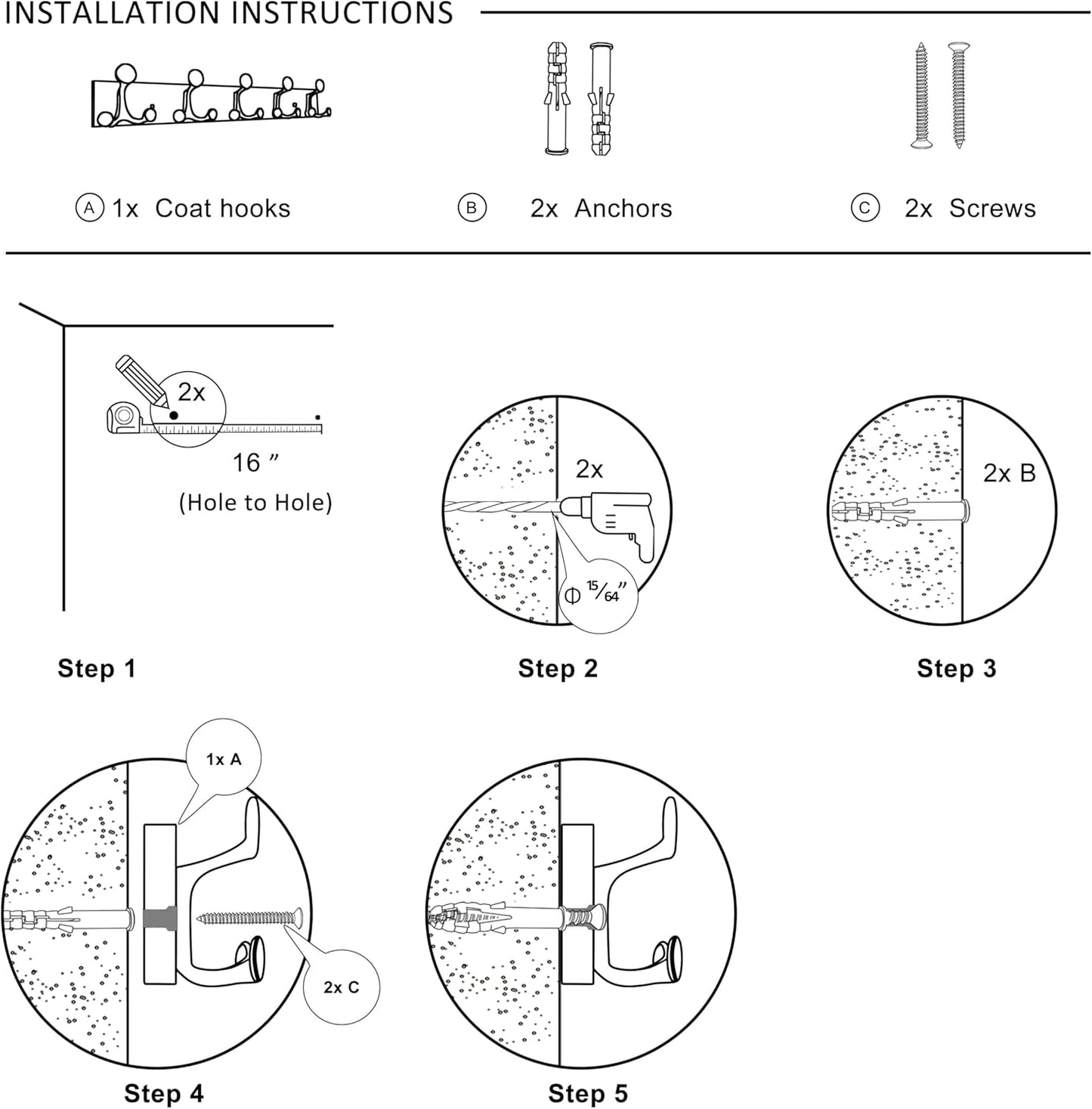 SKOLOO 24-Inch White Wood Coat Rack Wall Mount with 5 Triple Hooks - Ideal for Family Entrances, Classrooms, and Pet Supplies Storage - Perfect Coat Hooks for Wall, Pack of 2