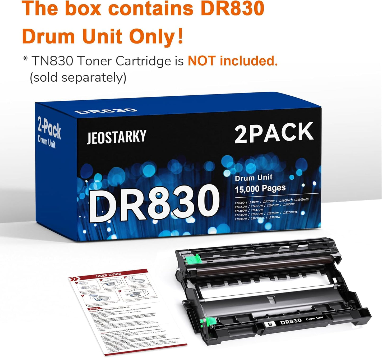 Compatible DR830 Drum Unit (NOT Toner) Replacement for Brother DR830 DR-830 Drum use with HL-L2460DW HL-L2405W HL-L2400D HL-L2480DW MFC-L2820DW MFC-L2820DW XL DCP-L2640DW Printer (2 Pack)