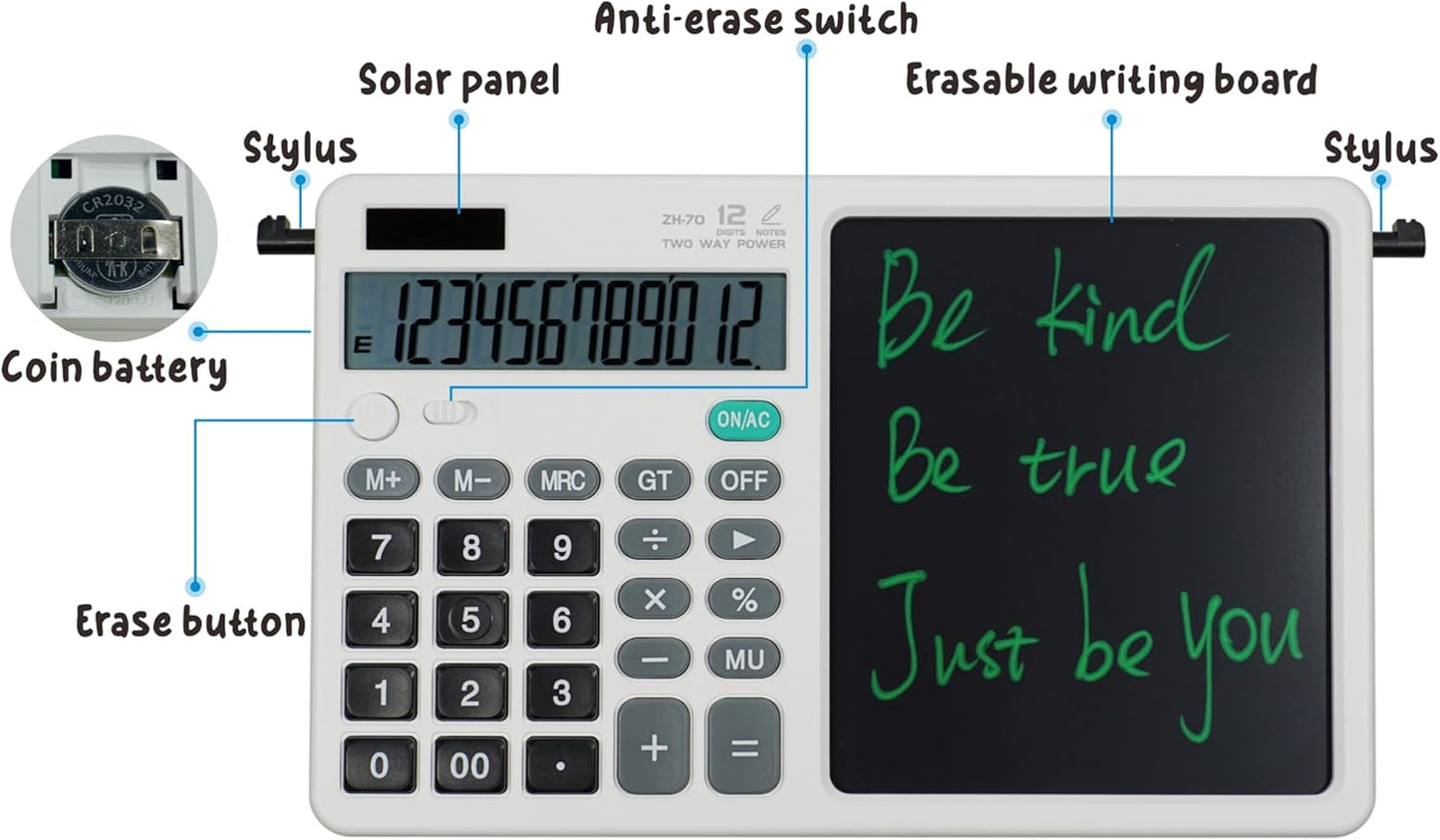 Desk Calculator Large Display with 7'' Erasable Writing Pad, 12 Digits Large Screen Display Jumbo Calculadora, Solar & Battery Powered Big Button Calculators for Business Office School, White