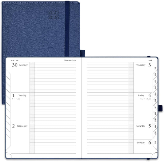 POPRUN Planner 2025-2026 (Medium 6.75''x 8.75''), Horizontal Weekly Notebook Jul.2025 - Jun.2026, Academic Appointment Book with Monthly Tabs, Leather Hardcover, Inner Pocket, 100 GSM - Navy Blue