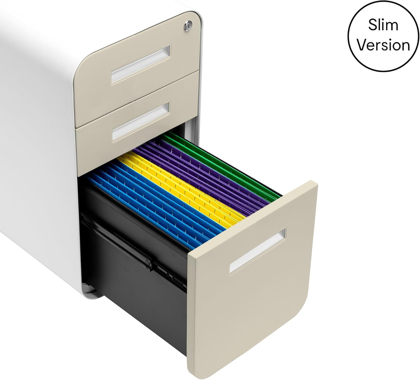 Laura Davidson Furniture Stockpile Slim 3-Drawer Mobile File Cabinet with Lock - Under Desk Metal Filing Cabinet, Legal/Letter File Folders, Wheels & Stationary Feet, Assembled, Ivory Faceplate