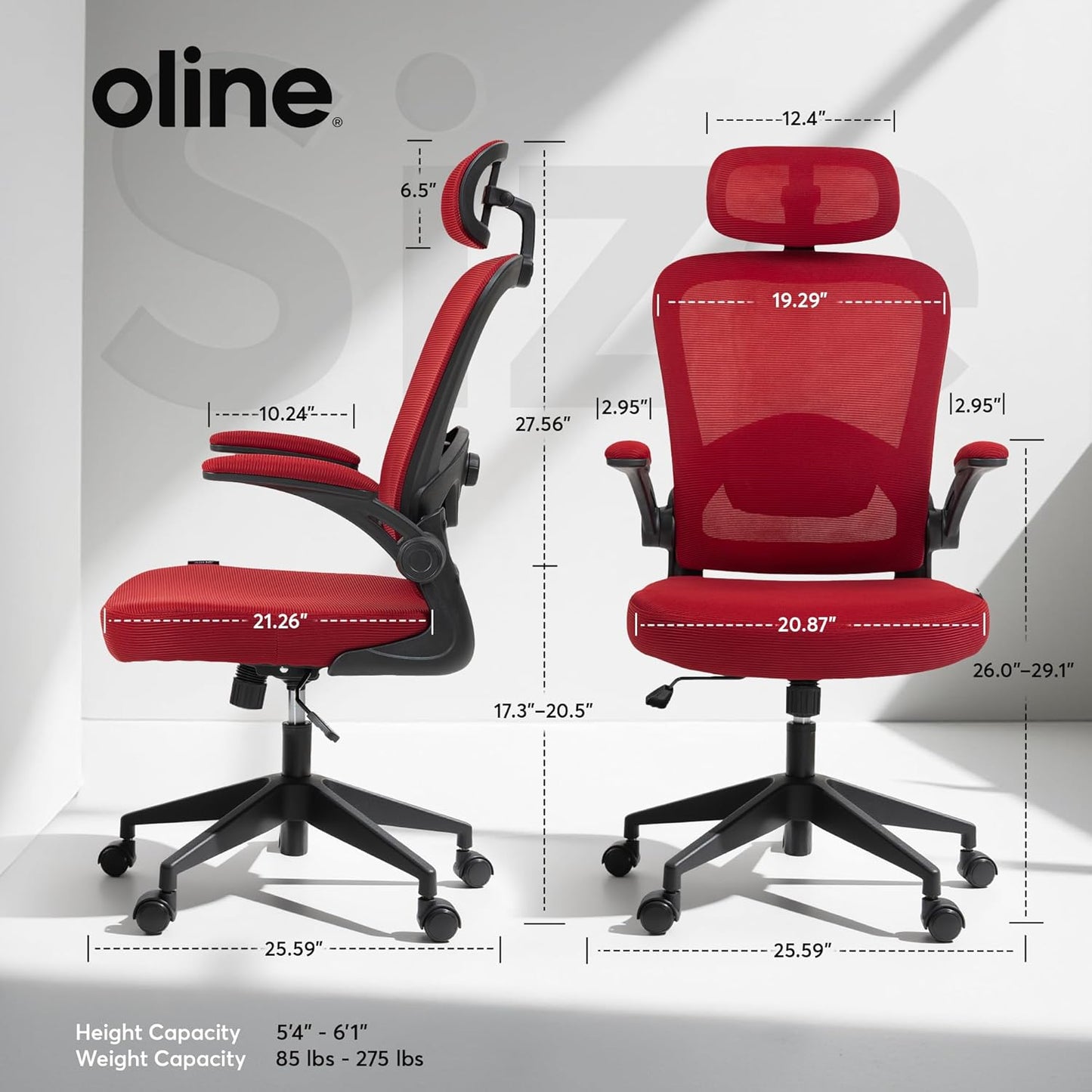 Oline ErgoAir Ergonomic Office Chair – Adjustable Lumbar Support, Flip-Up Armrests, Mesh Computer Desk Chair, Swivel Rolling Executive Gaming Chair for Home & Office (Red)