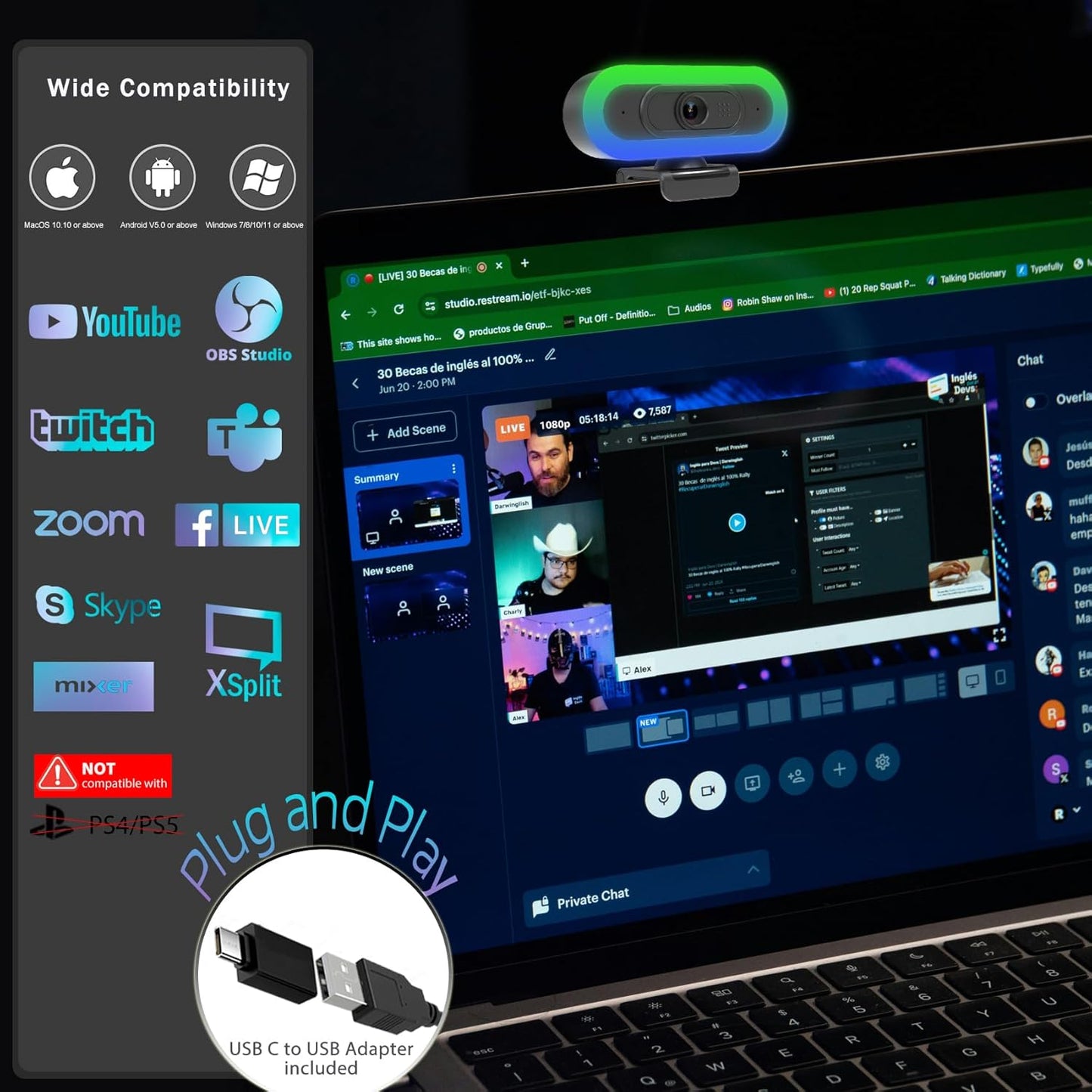 2K Webcam for PC, Plug and Play USB C Webcam with Dual Microphones,Ring Light,Fill RGB Light & Cover,Autofocus,65°FOV,1080P@60FPS, PC Web Camera for Desktop Computer Laptop Mac Zoom Streaming