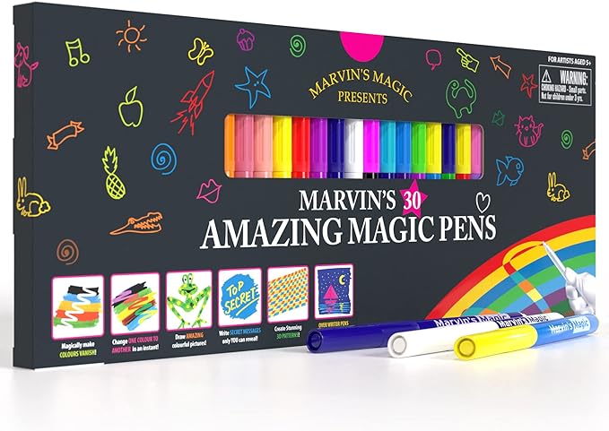 Marvin's Magic - 30 Amazing Magic Pens - Color Changing Pen Art - Create 3D Lettering, Write Secret Messages - Stationery Supplies, Art Supplies for Kids, Coloring Markers and Kids Drawing Kit