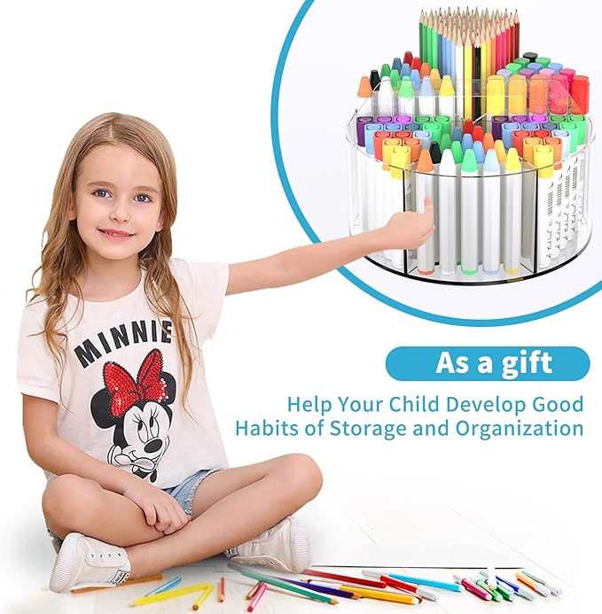 Rotating Art Supply Organizer 2 Pcs, Clear Marker Organizer Pen Holder for Desk, Colored Pencil Organizer Desktop Organizer for Kids, Acrylic Lazy Susan Organizer