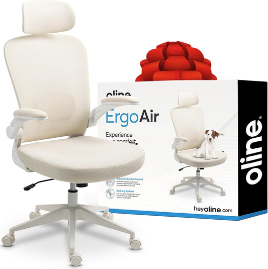 Oline ErgoAir Ergonomic Office Chair – Adjustable Lumbar Support, Flip-Up Armrests, Mesh Computer Desk Chair, Swivel Rolling Executive Gaming Chair for Home & Office (Beige)