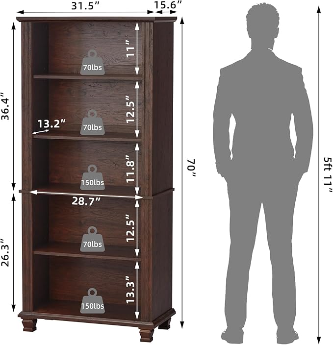 70" Tall Walnut Bookshelf,5 Tier Wooden Book Shelf with Adjustable Shelves & Wood Legs,Free Standing Farmhouse Bookcase with Open Display Storage,Vintage Bookshelves for Classroom, 3PCS