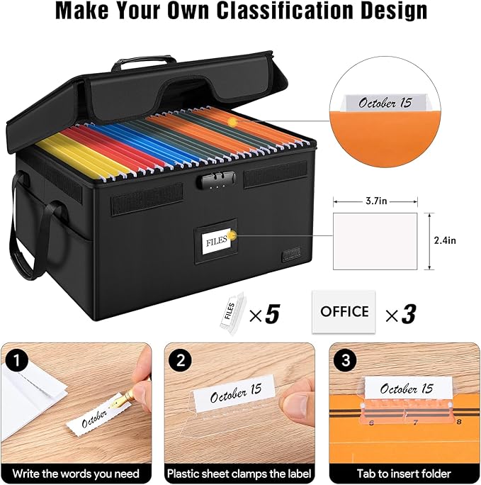 AMBOR Large File Box with Lock, Fireproof Document Box with 5 Tabs, Collapsible File Organizer with Handle for Home Office for Letter & Legal Folder/Certifications/Books Storage, Black