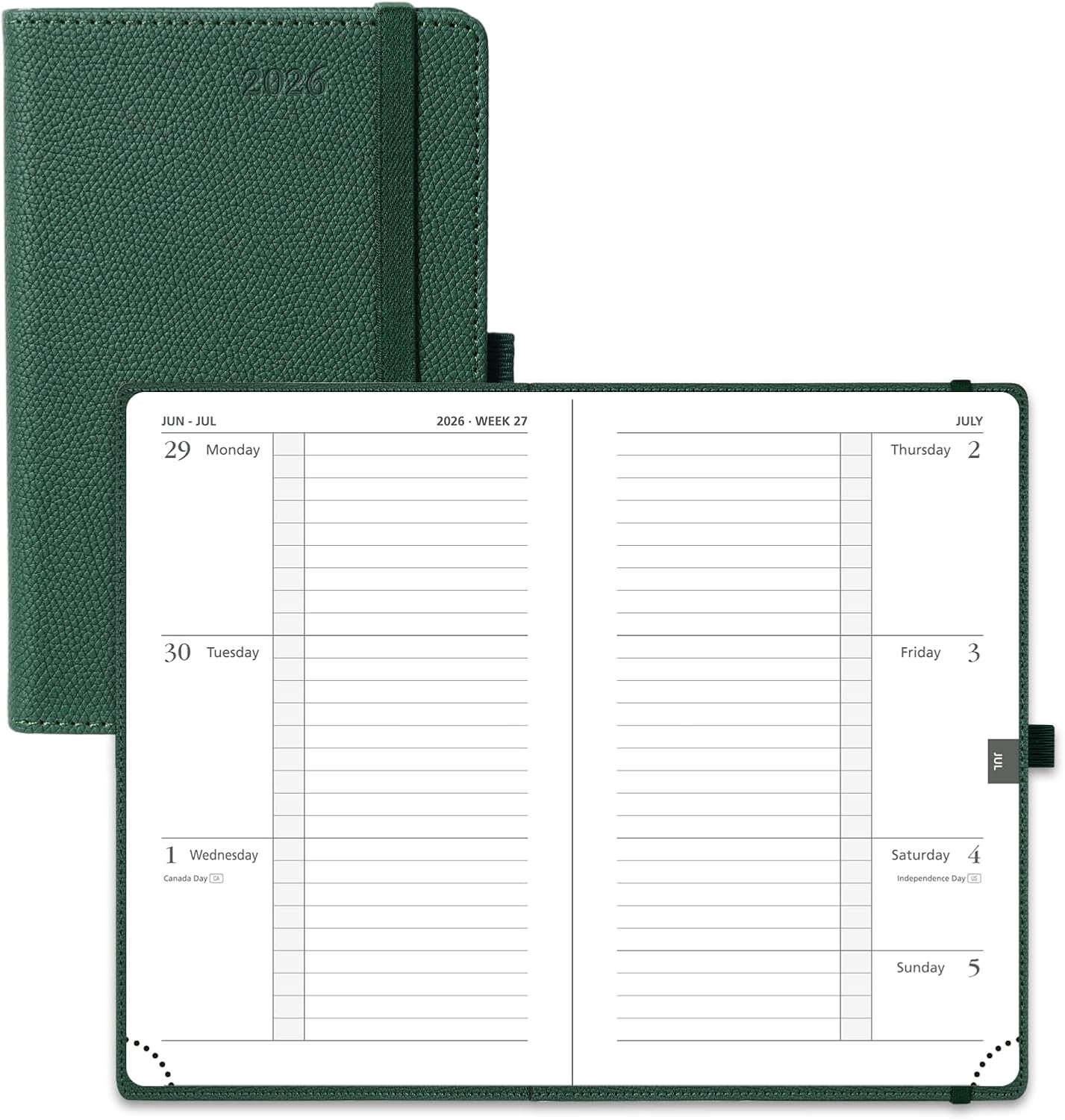 POPRUN Weekly Planner 2026 Calendar (Pocket 4'' x 6.25'') 12 Months Notebook with Horizontal Layout, Leather Hardcover, Inner Pocket, 100GSM Thick Paper, Pen Holder TJ - Army Green