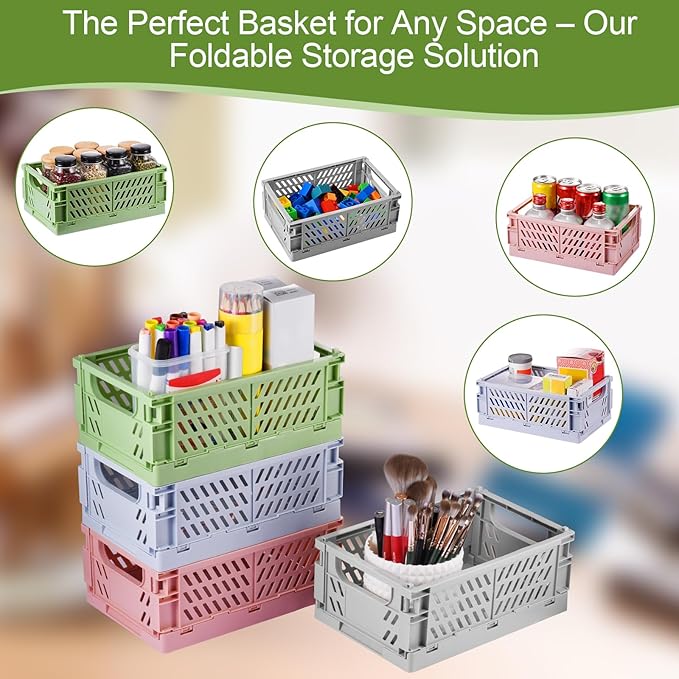 4-Pack Small Pastel Plastic Storage Baskets, Collapsible Crates for Organizing, Space-Saving Mini Bins for Classroom, Kitchen, Office, Bedroom (Purple, 9.8" x 6.5" x 3.8")
