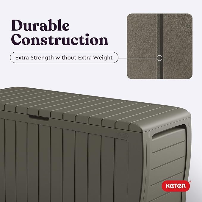 Keter Marvel Plus 71 Gallon Resin Deck Box-Organization and Storage for Patio Furniture Outdoor Cushions, Throw Pillows, Garden Tools and Pool Floats, Mossy Brown