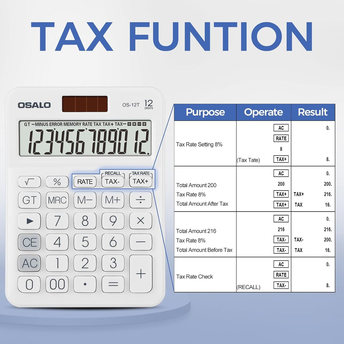 Pendancy Pocket Small Size Desk Calculator, 12 Digit Large LCD Display, Basic Tax Function Handheld Desktop Calculator with Solar Battery Dual Power, for Office, School, Business OS-12T (White)