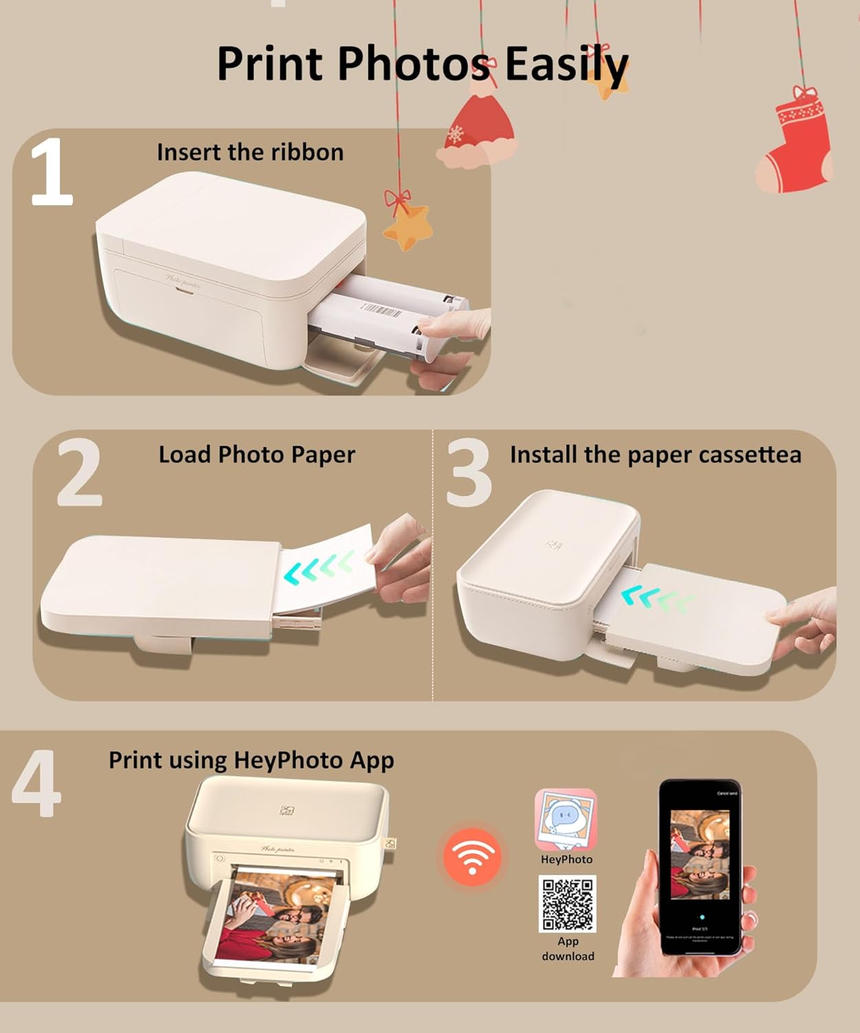 CP4100 4x6 Photo Printer with 108 Sheets & 2 Ribbons, Full-Color Thermal Dye Sublimation Wi-Fi Printing, Portable Instant Picture Printer for iPhone/Android, AR Video, Fun App, Home Use, Beige