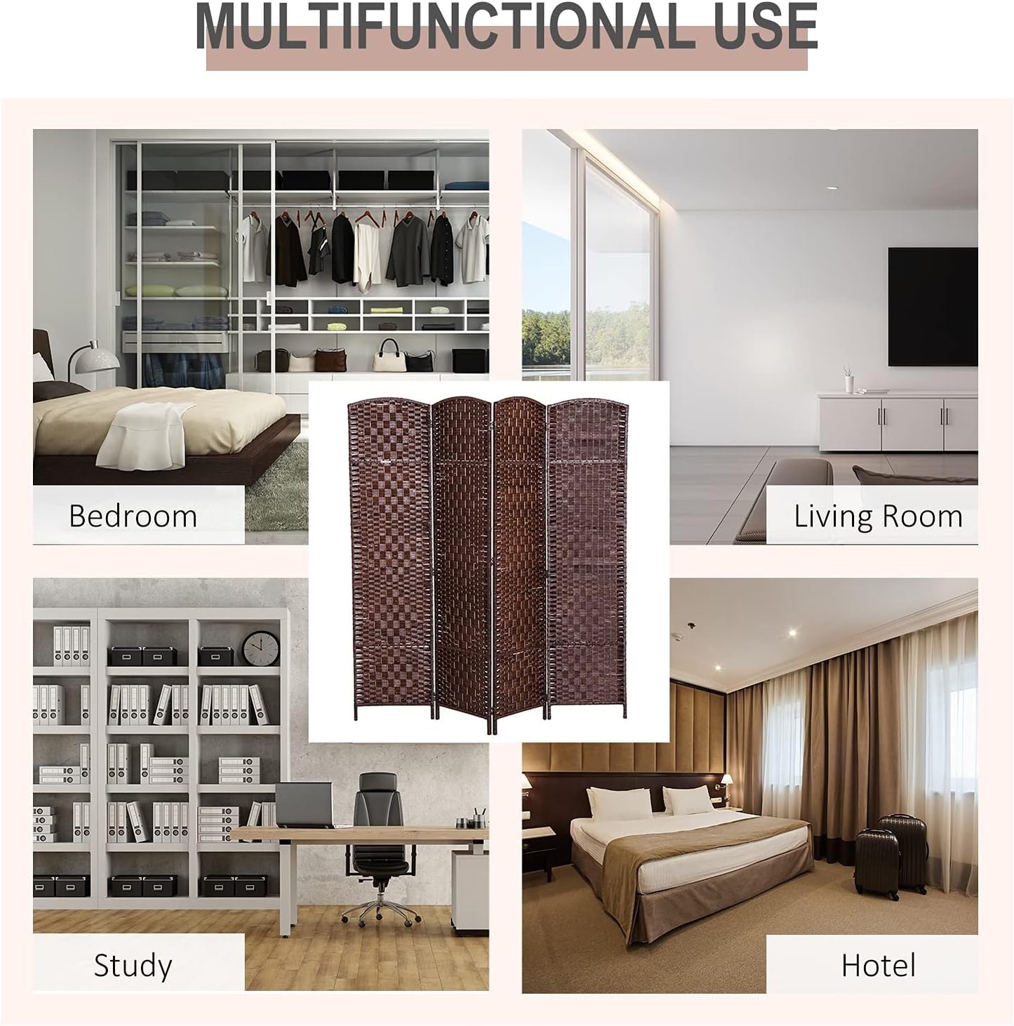 NicBex Room Divider 4 Panel Room Dividers with Woven Rattan Design Partition Room Dividers and Folding Privacy Screens 6 FT Wall Divider for Office, Room Separation,70.75"W x 0.75"D x 70.75"H, Brown