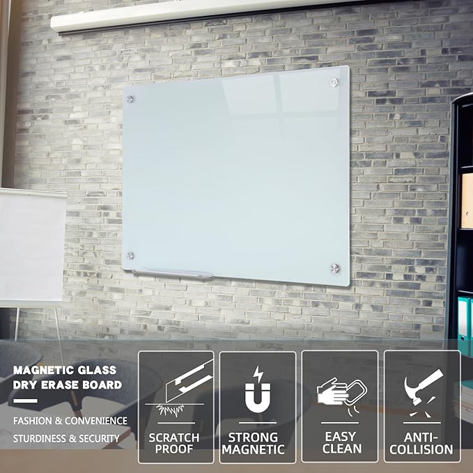 Glass Magnetic White Board - 36 x24 Inches Frameless Dry Erase Glass Whiteboard for Wall, Writing Board for Office, Classroom, Home and Presentation