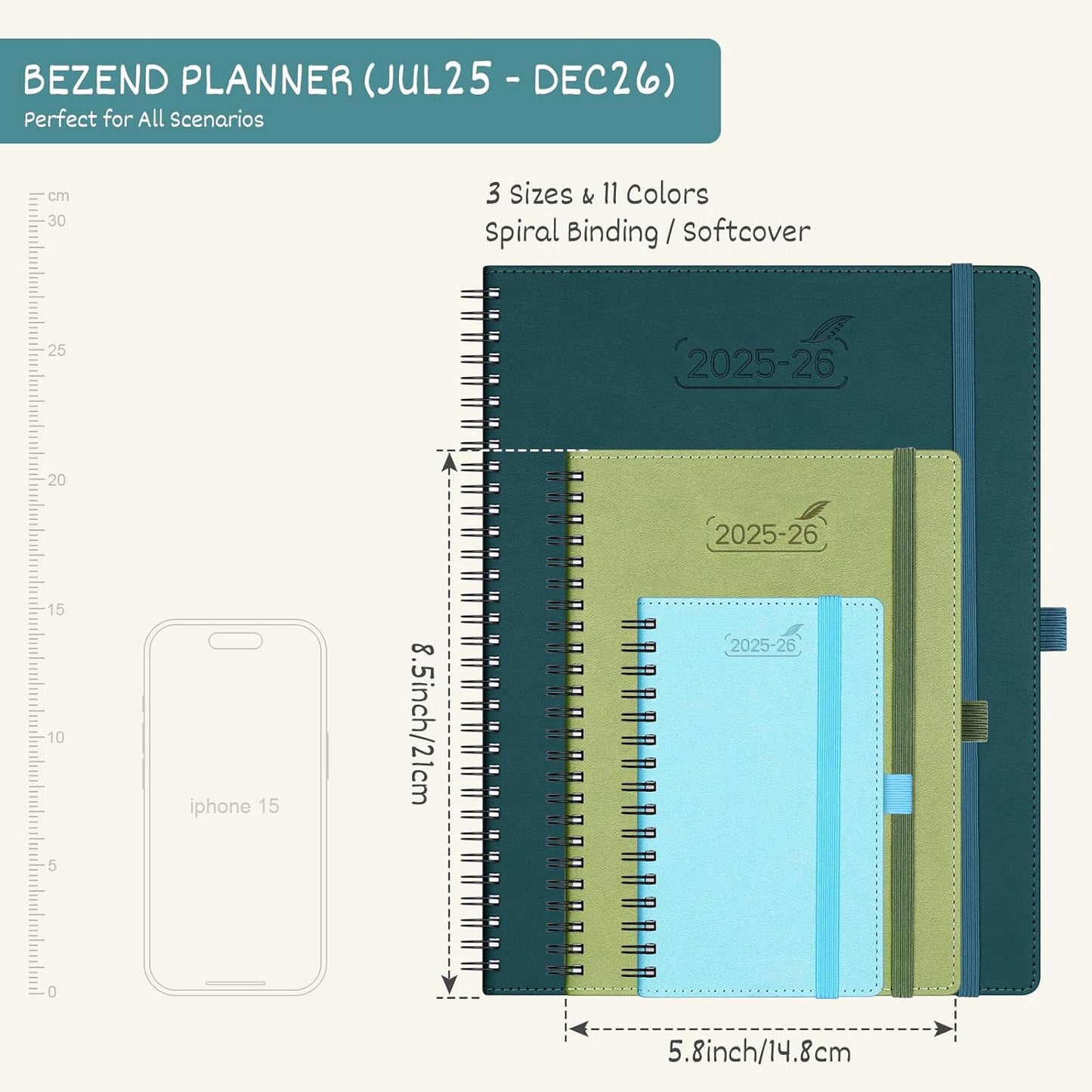BEZEND Planner 2025-2026 Weekly and Monthly, 5.8" x 8.5" Academic Calendar (Jul 25-Dec 26) Vertical Daily Appointment with Hourly Timeslot & Monthly Tab, Spiral, PU Leather Softcover - Orange