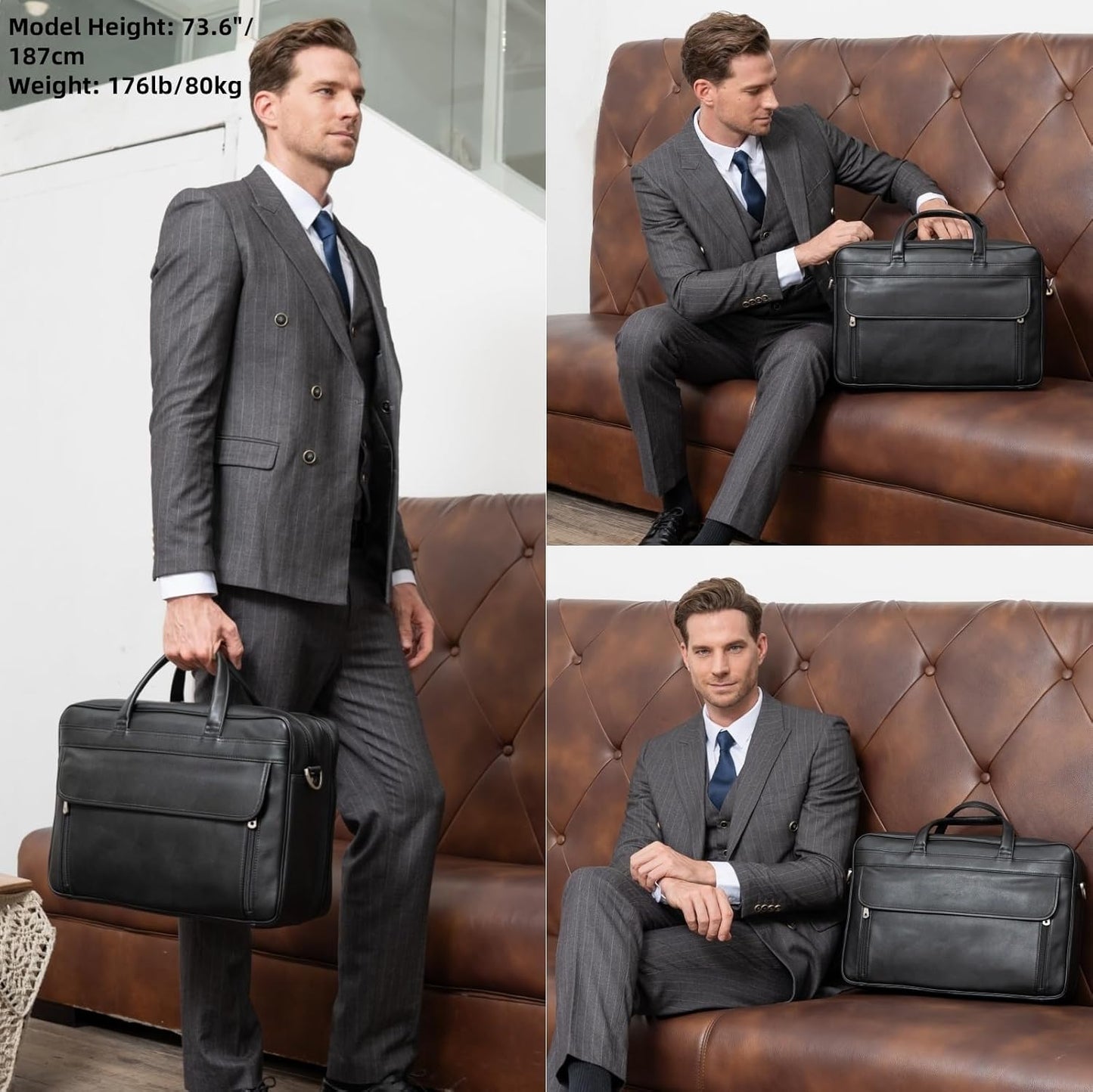 Masa Kawa Leather Briefcase for Men 15.6" - 17" Laptop Computer Case Business Travel Work Messenger Cross Body Shoulder Bag