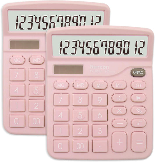 2PC Pink Calculator, Solar Battery Dual Power Calculator,Desktop Calculator 12 Digit with Large LCD Display, Pink Office Supplies with Sensitive Button, Pink Desk Accessories, School Supplies