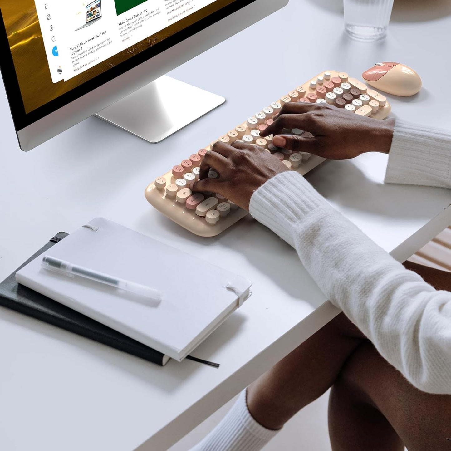 Wireless Keyboard and Mouse Combo for Windows, MOWUX 2.4G Full-Sized External Cordless Computer Keyboard, Compact Mouse, 8 Multimedia and Shortcut Keys, for PC, Laptop - Milk Tea Colorful