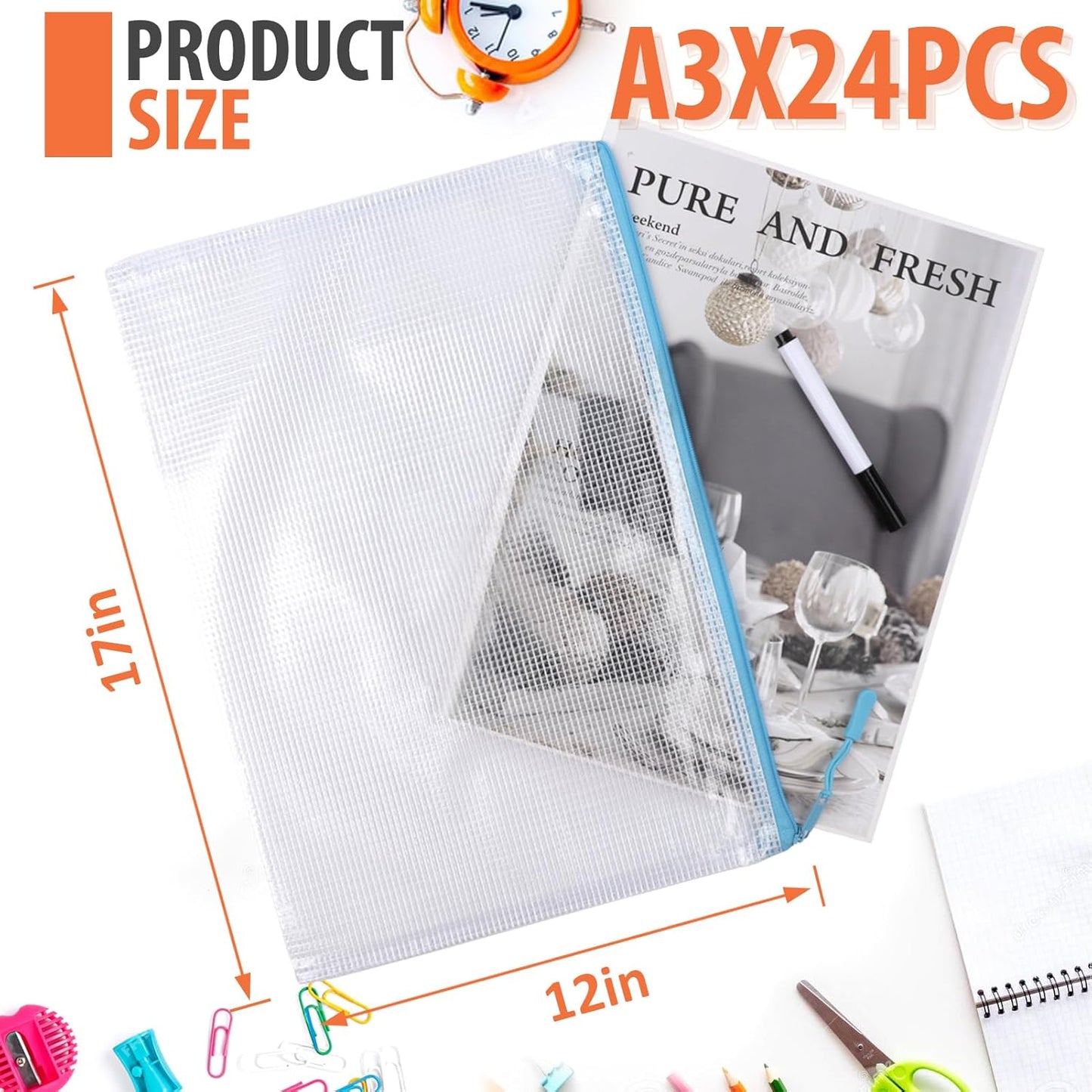 24pcs Mesh Zipper Pouch, Puzzle Storage Bags, A3 17x12 Inches Large Reusable Zipper Pouches for for Classroom Office Supplies Organizing, Extra Large Zipper Bags, Board Game Storage(8 Color)